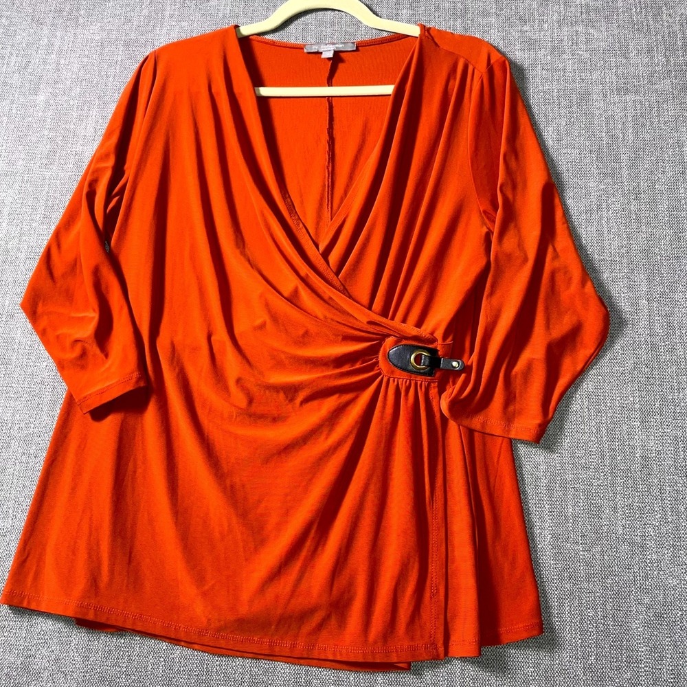 NY Collection Wrap Top‎ Womens 1X Orange Ruched Detail V Neck Comfort Modern